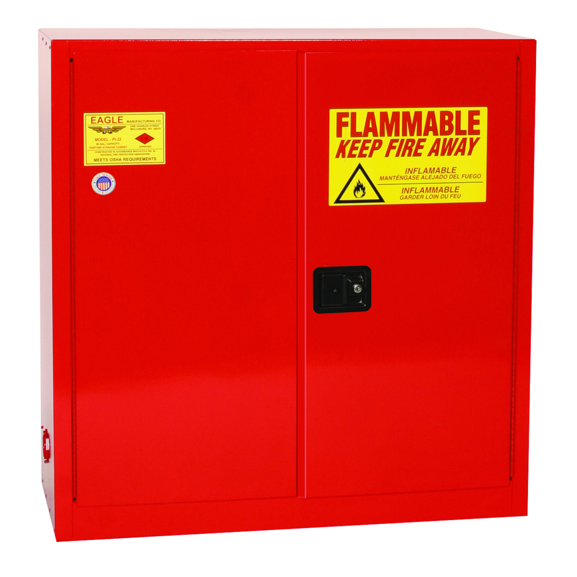 Eagle Paint Safety Cabinet — 40-Gallon, 3 Shelves, 2 Doors, Manual Close, Red, Model# PI32X